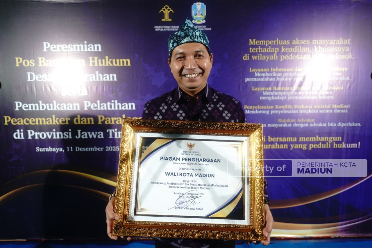 Terima Penghargaan dari Kemenkum, Kota Madiun Masuk Daerah Tercepat Pembentukan Posbankum