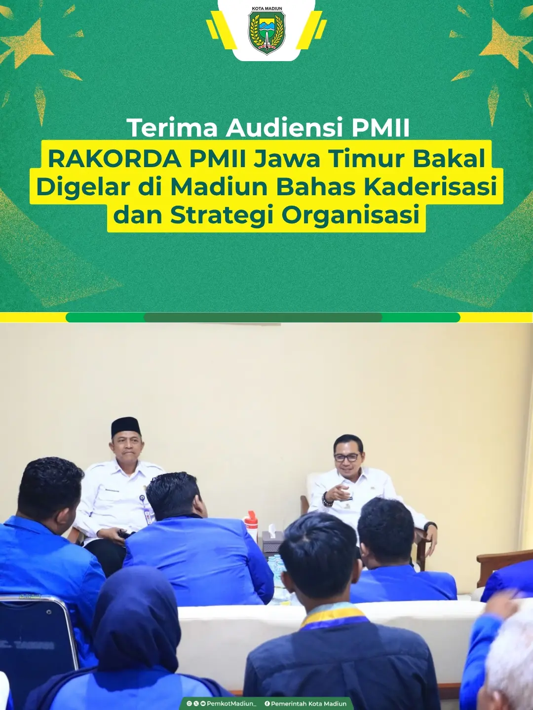 Plt Wali Kota Madiun F. Bagus Panuntun menerima audiensi PMII di Kantor Kecamatan Taman, Rabu (30/9). Audiensi membahas ...