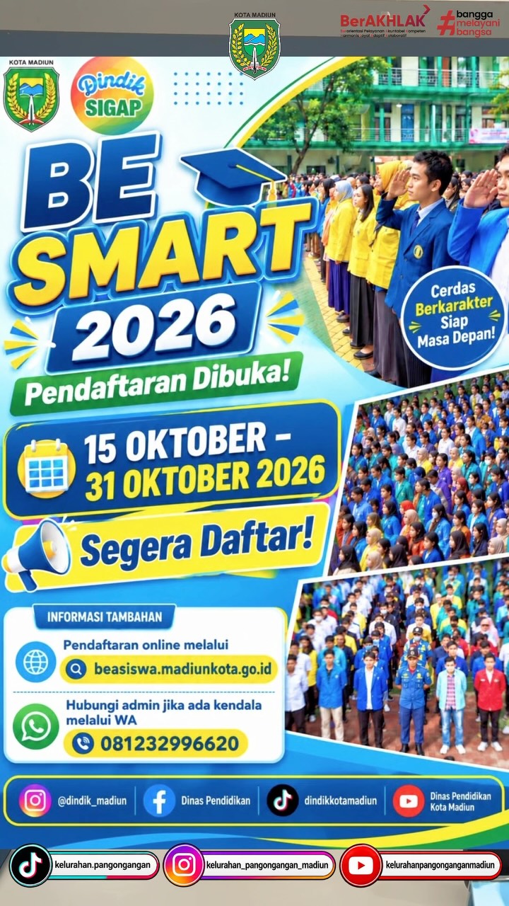 Pengumumannn🔊 📢 **PENDAFTARAN BE SMART 2026 DIBUKA!** 🎓 Kesempatan bagi generasi muda Kota Madiun untuk meraih masa d...